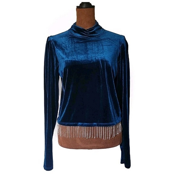 Joie Tops - Joie Top Size M Velvet Long‎ Sleeve Teal Cropped High Neck Sparkle Fringe